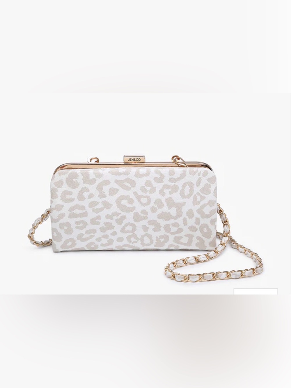 JEN & CO. White Leopard Print Chain Clutch